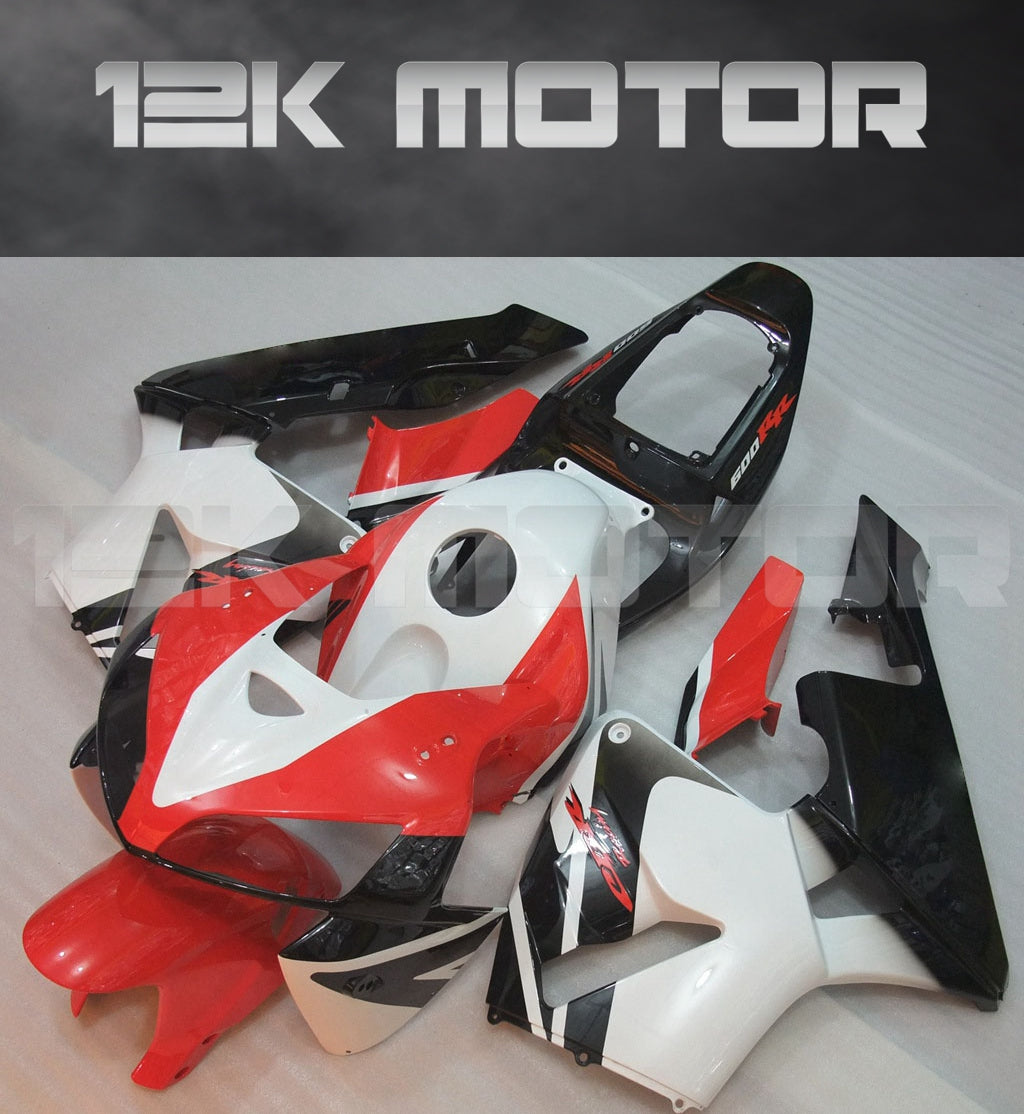 Aftermarket fairing kit for HONDA CBR600RR motorcycle, featuring red, white, and black panels, displayed with the 12K Motor logo.