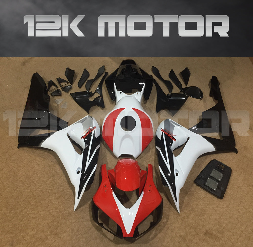Aftermarket fairing kit for HONDA CBR1000RR motorcycle, featuring red, white, and black panels laid out on a table, including fairing bolts and windscreen.