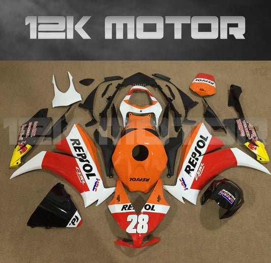 Aftermarket fairing kit for HONDA CBR1000RR motorcycle, featuring a Repsol design with orange, white, and black colors, including various panels and decals.