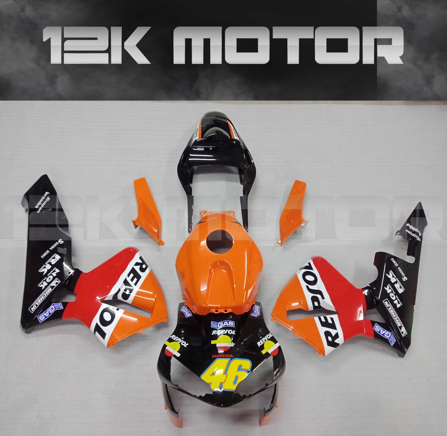 Aftermarket motorcycle fairing kit for HONDA CBR600RR in orange, black, and white color scheme with Repsol branding.