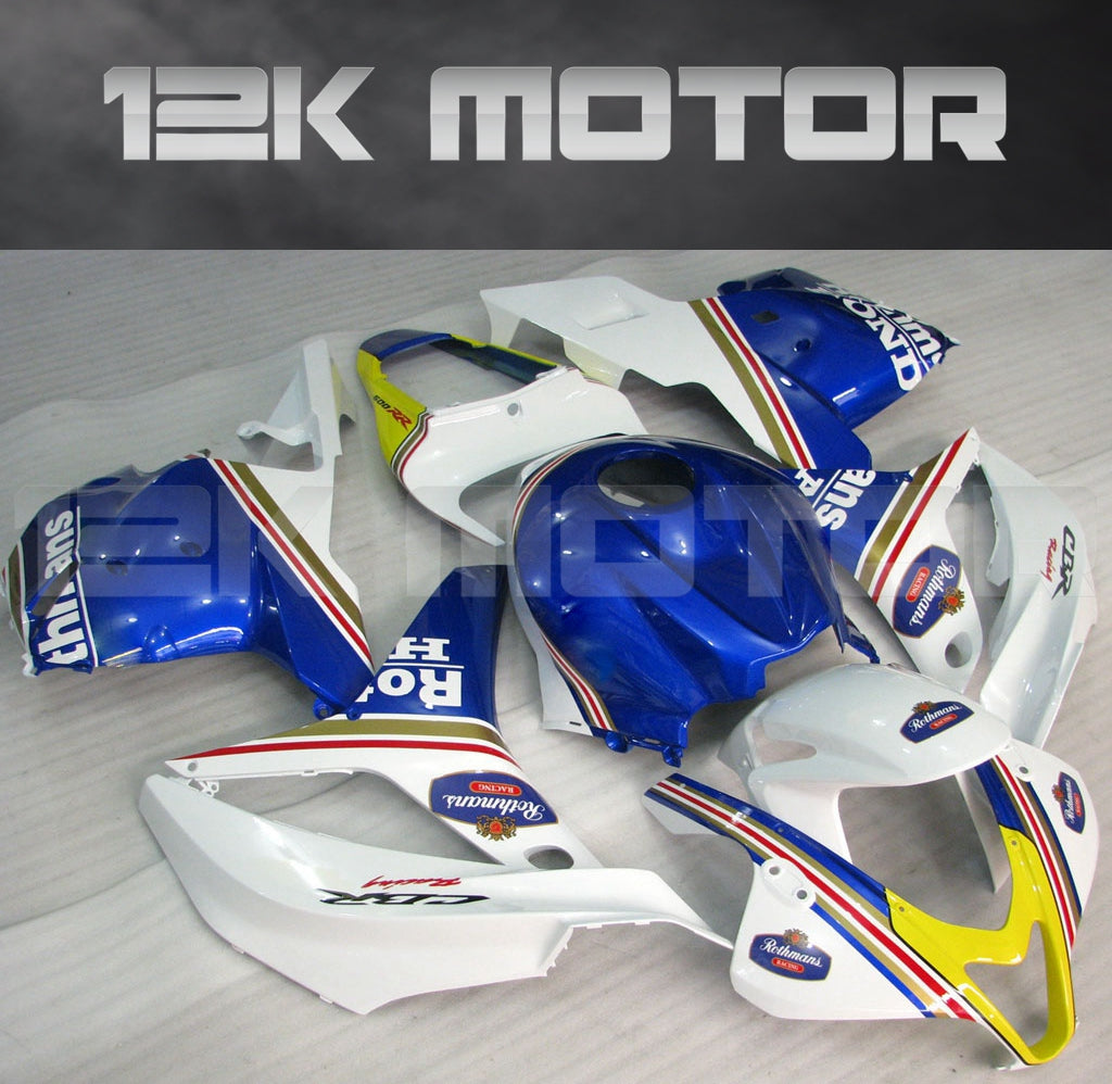 Aftermarket fairing kit for HONDA CBR600RR motorcycle, featuring a blue, white, and red color scheme with Rothmans branding.