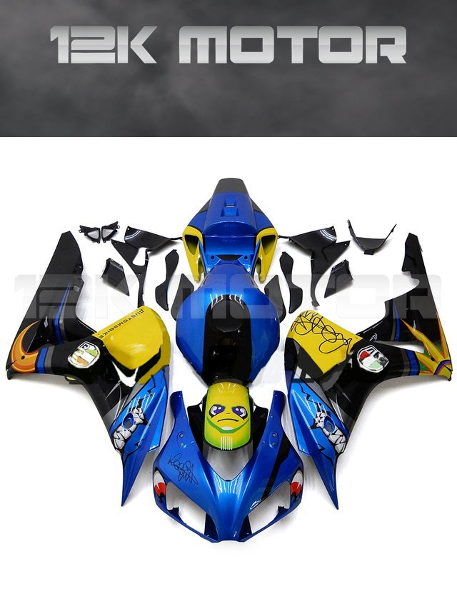 Aftermarket fairing kit for HONDA CBR1000RR motorcycle, featuring a shark design with blue, black, yellow, and white colors.