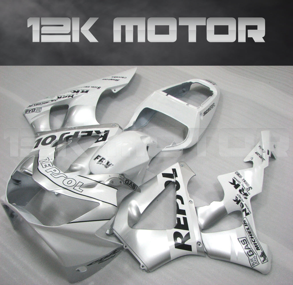 Aftermarket fairing kit for HONDA CBR929RR 2000 2001, displayed as a set of various pieces in silver color with black text and graphics.