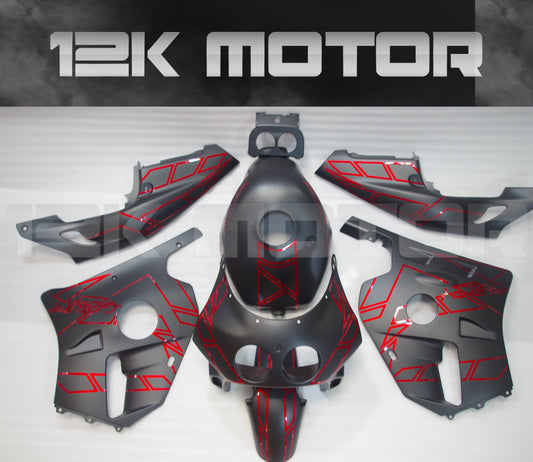 A set of aftermarket fairing panels for HONDA CBR250RR MC22 1990-1999, including front mudguard, upper fairing, and side panels with a red and black design.