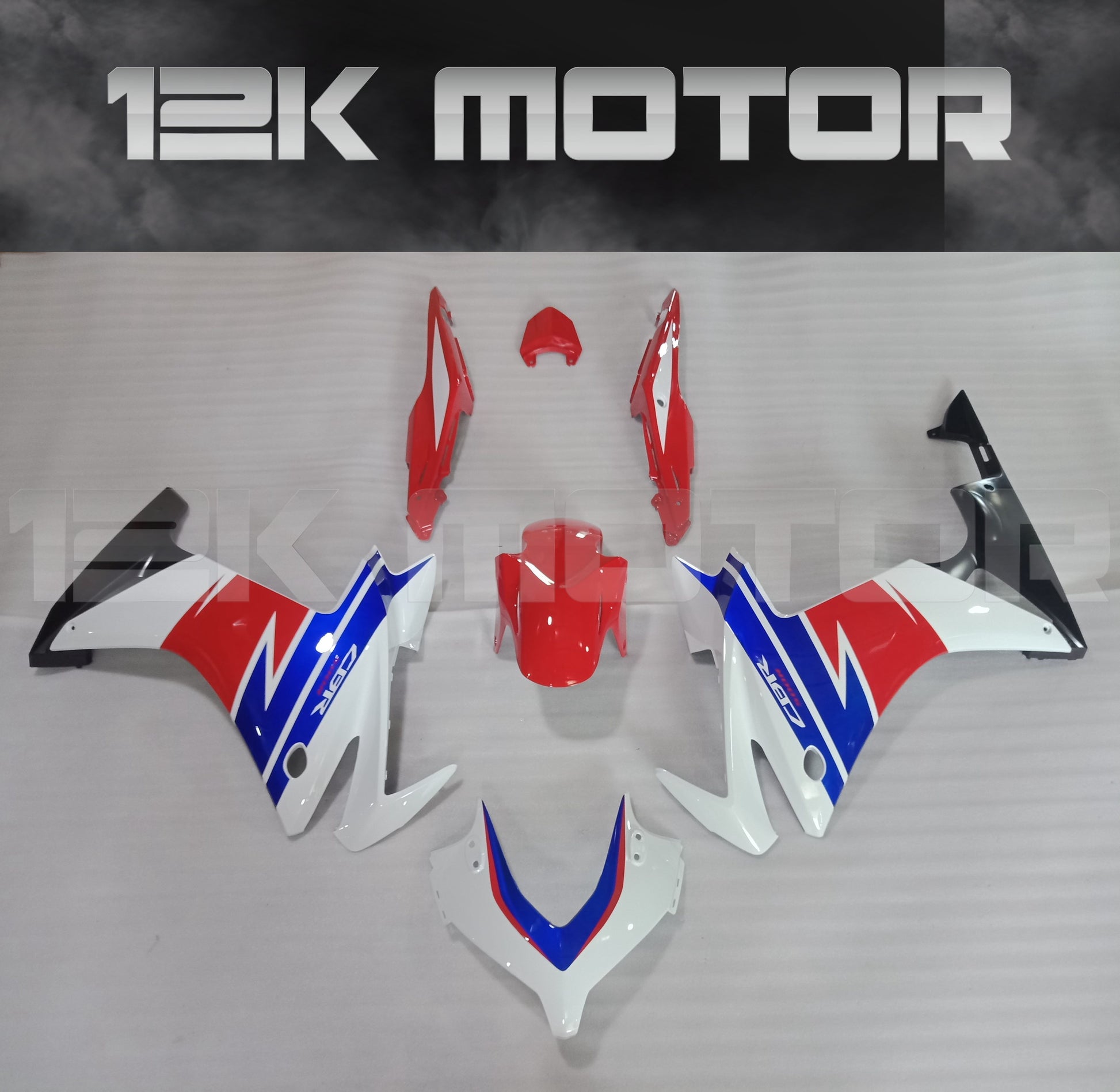 Tri-color fairing kit for HONDA CBR500R, featuring panels in blue, white, and red with the 12K Motor logo.