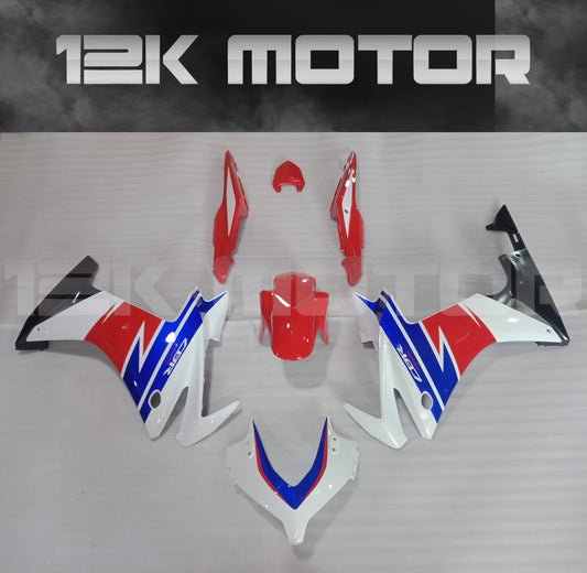 Tri-color fairing kit for HONDA CBR500R, featuring panels in blue, white, and red with the 12K Motor logo.