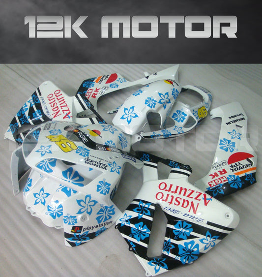 A set of white and blue aftermarket fairing kits for HONDA CBR600RR motorcycles, featuring a floral design with black and white colors.