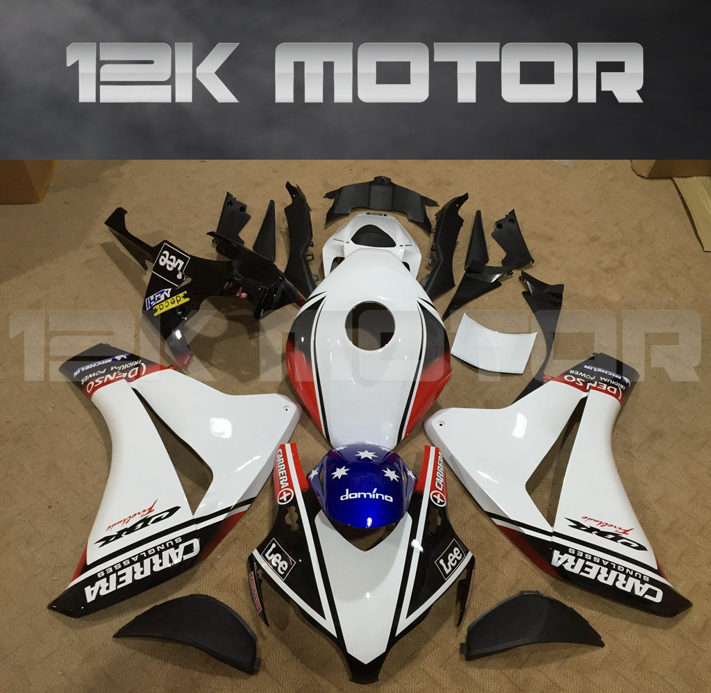 Aftermarket fairing kit for HONDA CBR1000RR 2008-2011, displayed are multiple pieces of fairing panels in white with red and black accents, along with a blue and red windscreen.