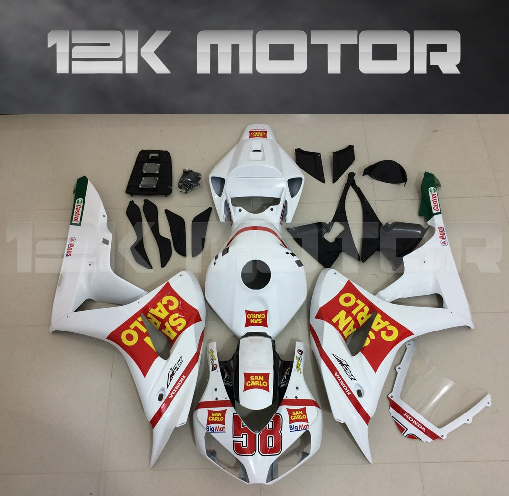 Aftermarket fairing kit for HONDA CBR1000RR motorcycle, displayed are white fairings with red and black accents, including various panels and parts but not assembled.