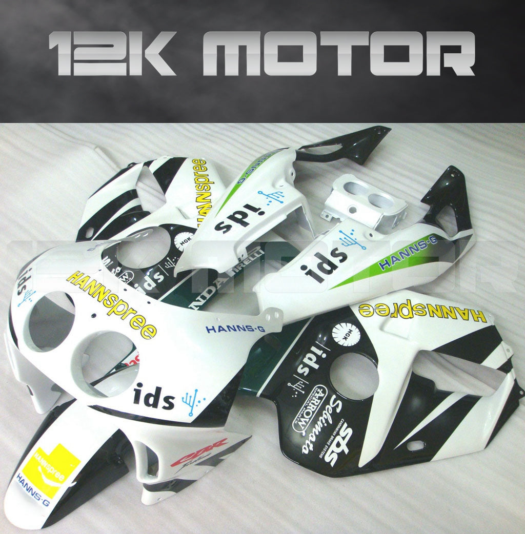 Aftermarket fairing kit for HONDA CBR250RR MC22, featuring a white, black, and green color scheme with various decals and sponsor logos.