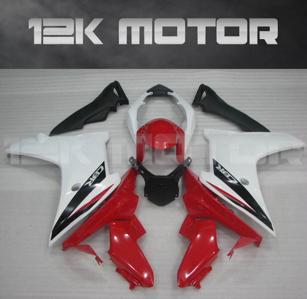 Aftermarket fairing kit for HONDA CBR600F 2011-2013, featuring white and red panels with black accents, including fairing panels, windscreen, and heat shield.
