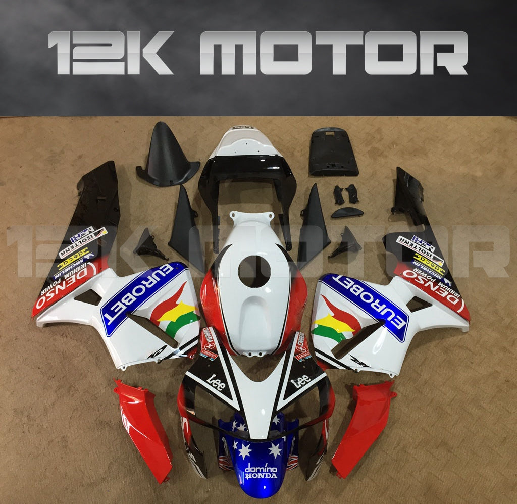 Aftermarket fairing kit for HONDA CBR600RR, featuring a combination of white, red, and blue panels with sponsor logos.