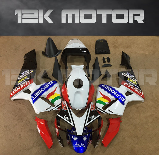 Aftermarket fairing kit for HONDA CBR600RR, featuring a combination of white, red, and blue panels with sponsor logos.