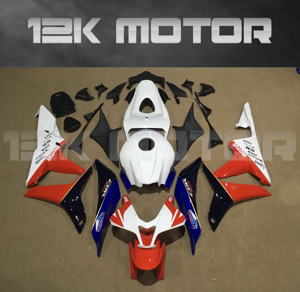 Aftermarket fairing kit for HONDA CBR600RR motorcycle, displayed as a set of panels in white, red, and black colors.