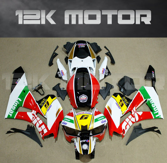 Aftermarket fairing kit for HONDA CBR600RR motorcycle, featuring white, orange, red, and green colors with sponsor logos.