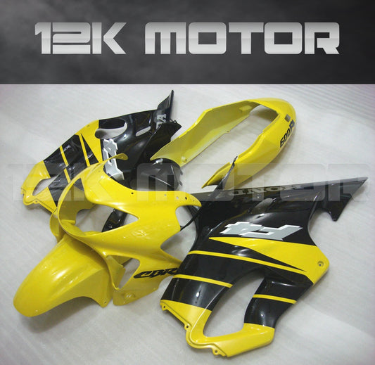 Aftermarket fairing kit for HONDA CBR600RR F4 1999 2000 displayed on a motorcycle, primarily yellow with black accents.