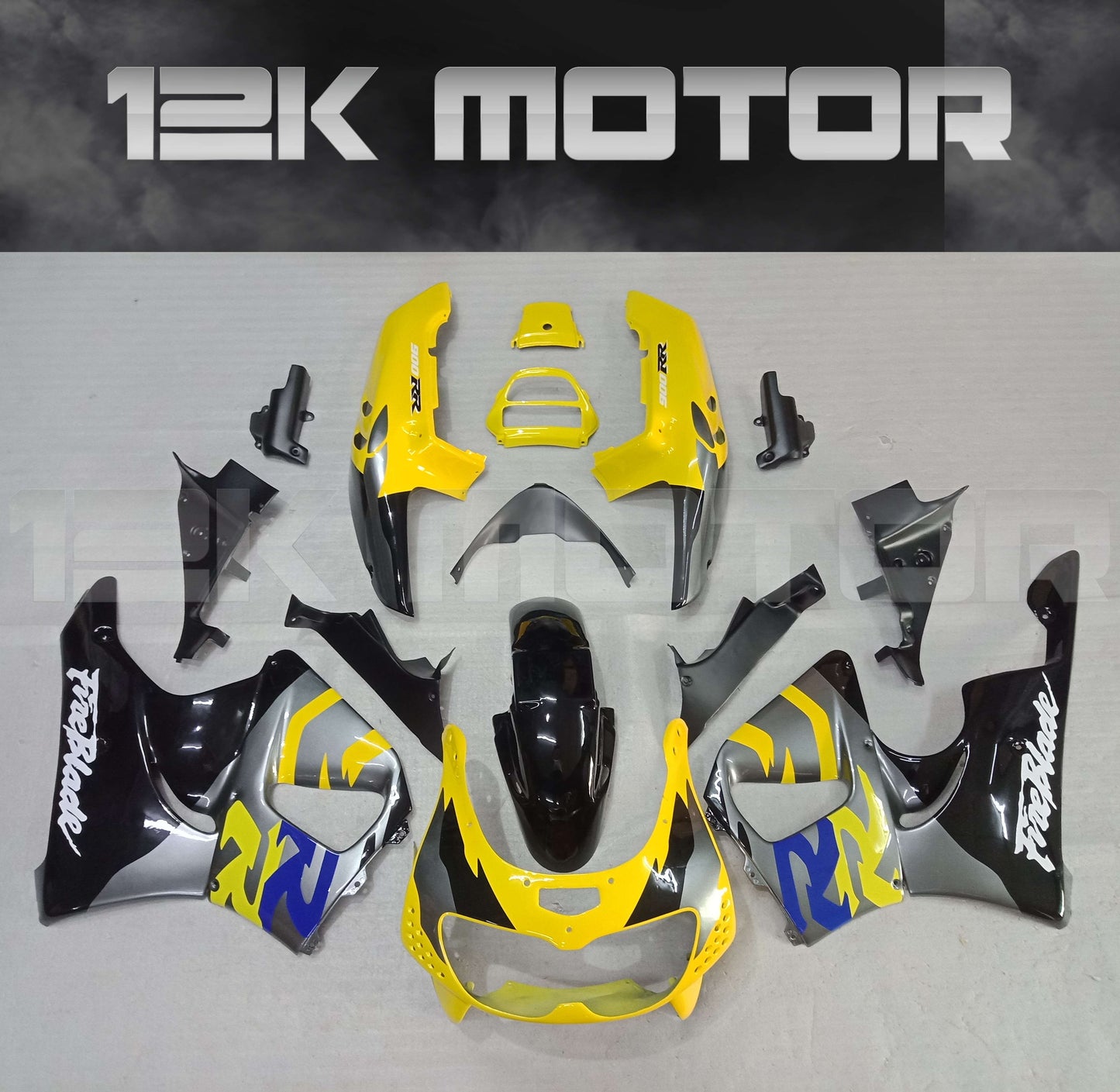 Aftermarket fairing kit for HONDA CBR900RR 1996 1997 motorcycle, featuring yellow and blue color with black and gray accents, including various panels and a windscreen.
