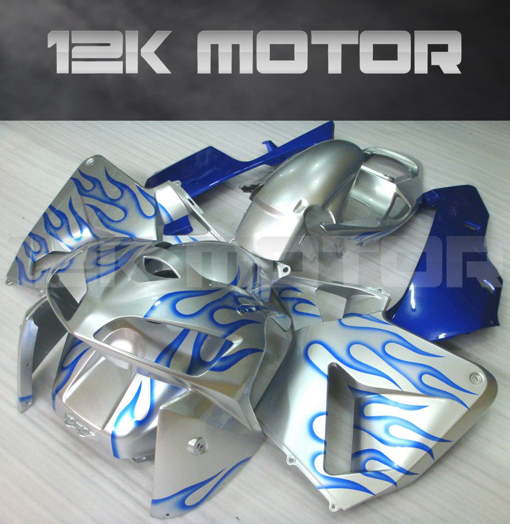 Aftermarket fairing kit for HONDA CBR600RR motorcycle, featuring silver panels with blue flame designs, including fairing parts, windscreen, and heat shield.